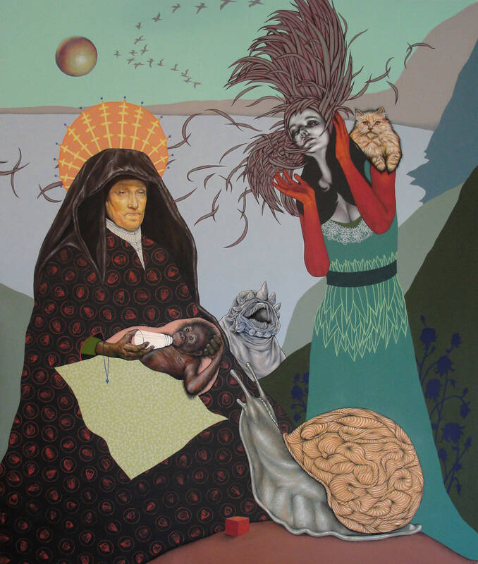 Painting that includes portraits of two women. Woman on the left holds a baby chippanzee and wears a dark dress with hood. Woman on right has a large feathered headdress and bright red gloves. Large snail at their feet.